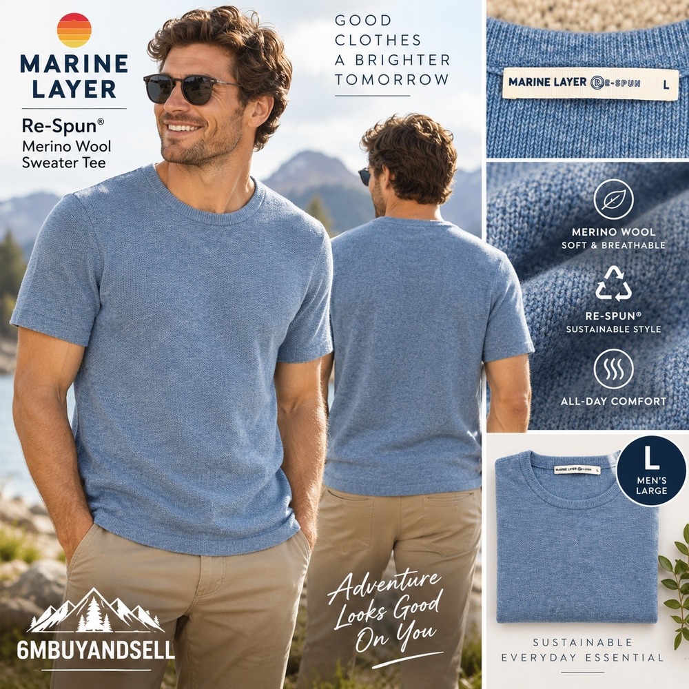 Marine Layer Re-Spun Merino Wool Short Sleeve Sweater Blue 16161 Mens Large